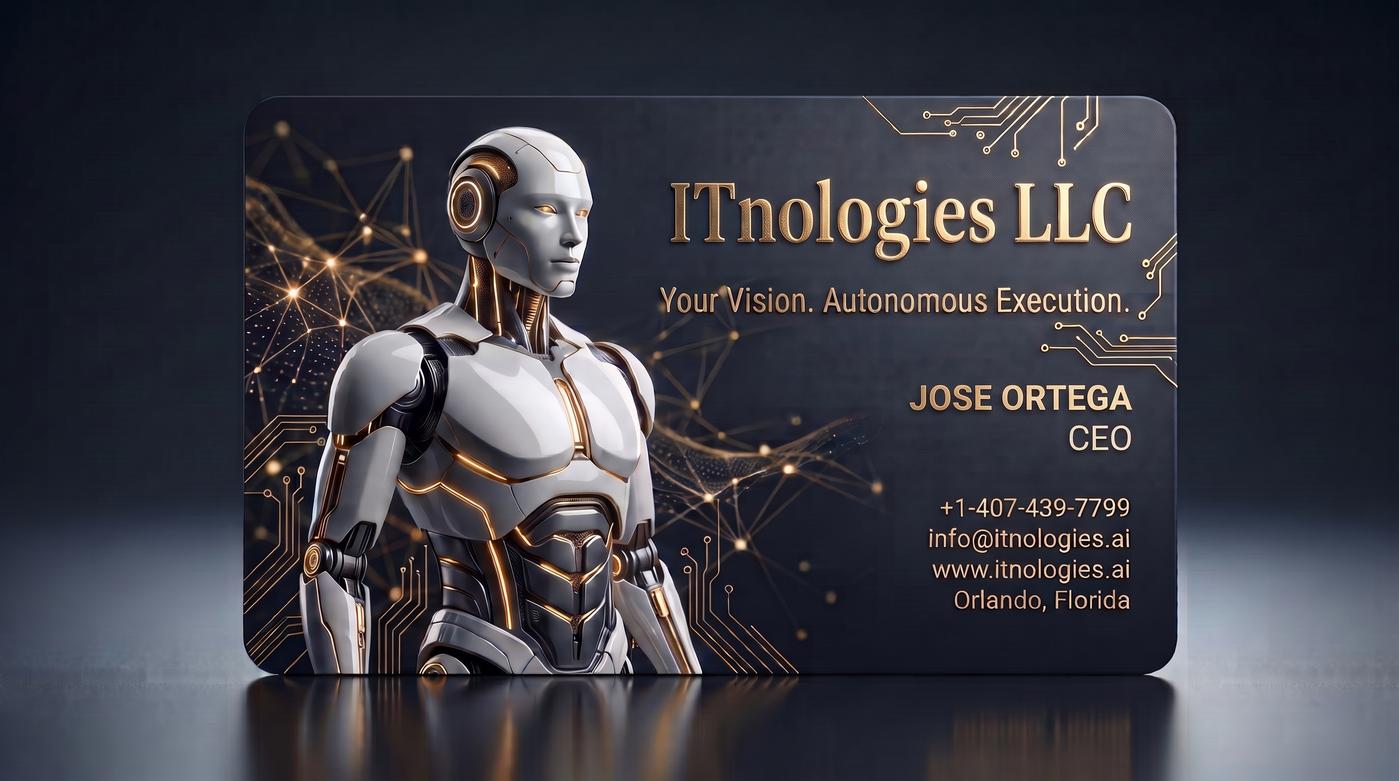 The official ITNOLOGIES LLC business card: the white and gold robot on a black background with gold circuit lines, with the company name, tagline, and contact details for Jose Ortega, CEO